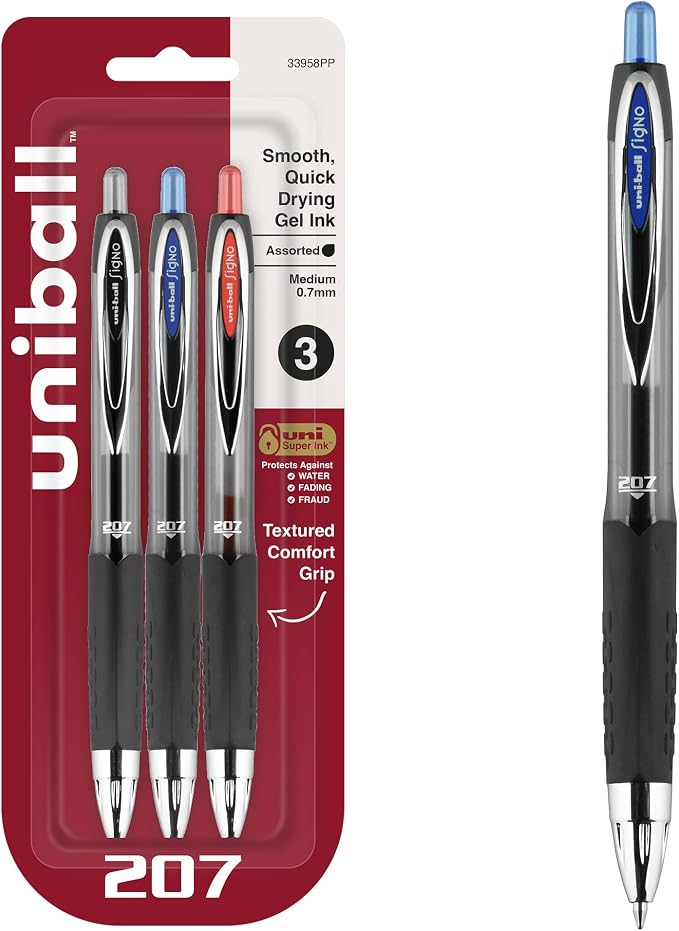 uniball 207 Retractable Gel Pens, Medium Point, 3 Pack by uni-ball