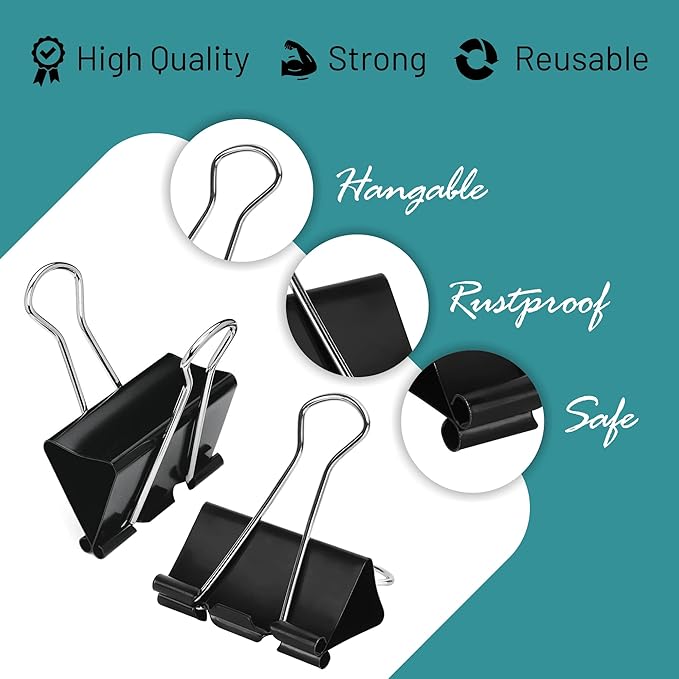Binder Clips - 60 Pack Small Black Paper Clamps, 0.75 Inch, Holds 40+ Pages - Image 5