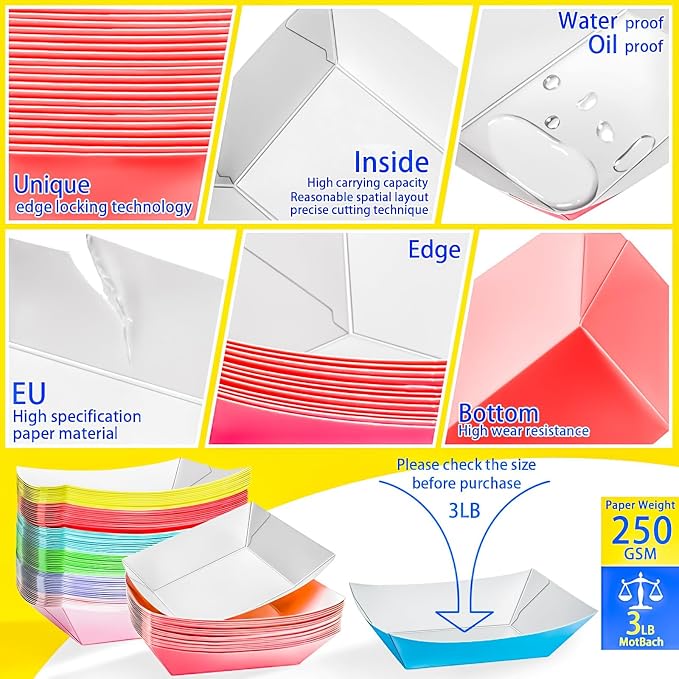 100 Pack Colorful 3LB Paper Food Boat Trays Disposable Paper Boats Plates - Image 3
