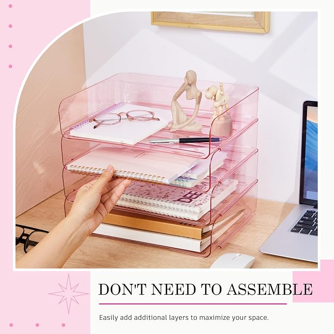 Harloon 4 Tier Pink Acrylic Paper Organizer 13 x 9.8 x 3 Inches Letter Tray - Image 3