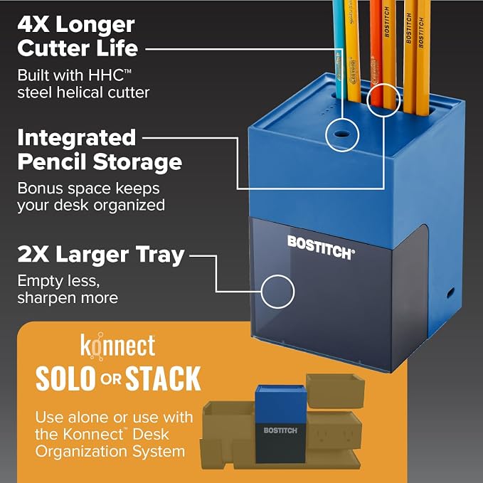 Bostitch Konnect Rechargeable Pencil Sharpener, Auto-Stop Helical Cutter - Image 3