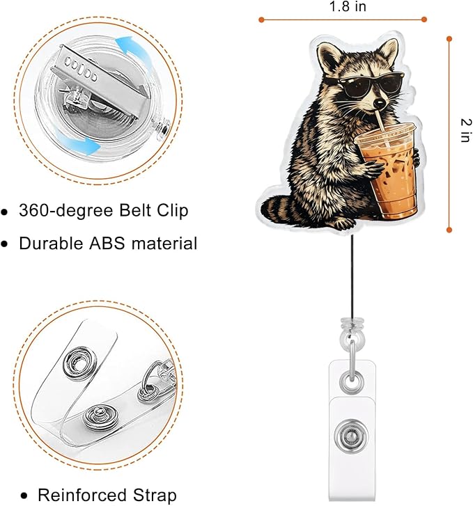 Funny Raccoon Drinking Coffee Badge Reel, Cool Animal Badge Holder - Image 2