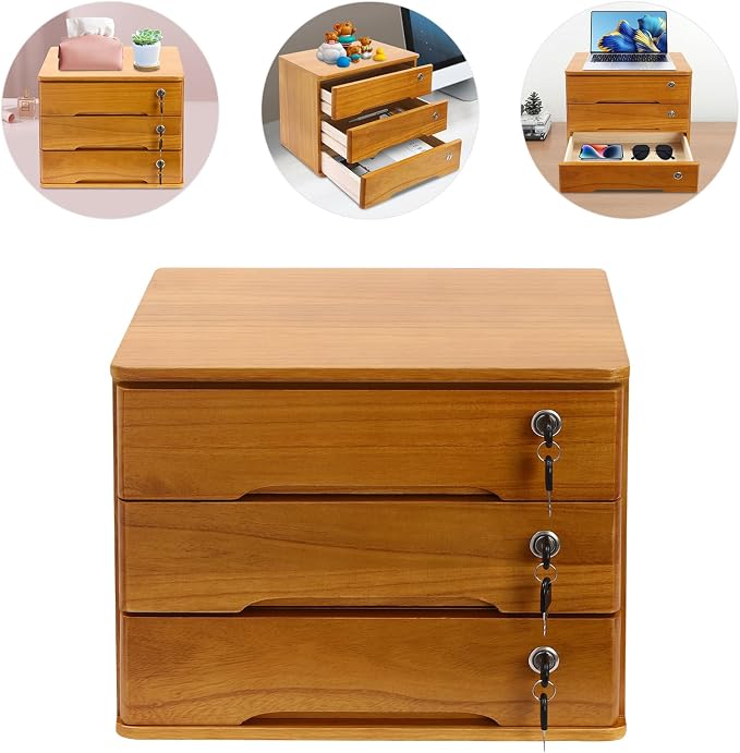 Lockable Desk Organizer Wooden Desktop Drawers Office Flat Files Storage Box - Image 9