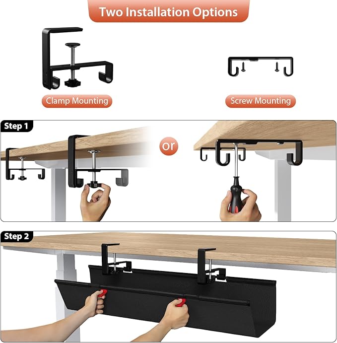 Univivi No Drill Under Desk Cable Management Tray, Clamp/Screw Mount Desk Cable - Image 6