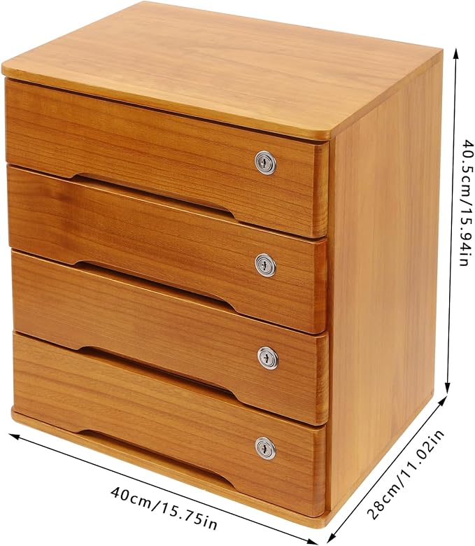 Lockable Desk Organizer Wooden Desktop Drawers Office Flat Files Storage Box - Image 3