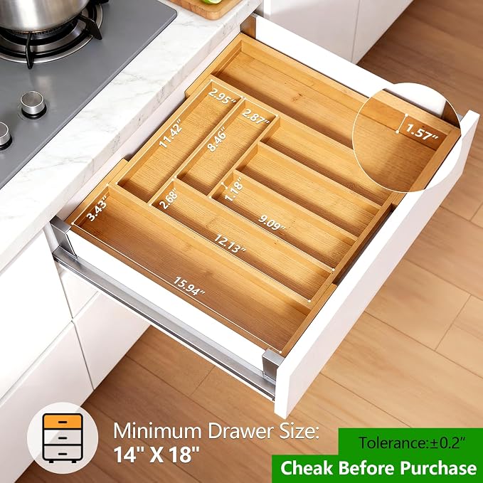 Pipishell Bamboo Expandable Silverware Drawer Organizer, Adjustable Kitchen - Image 2