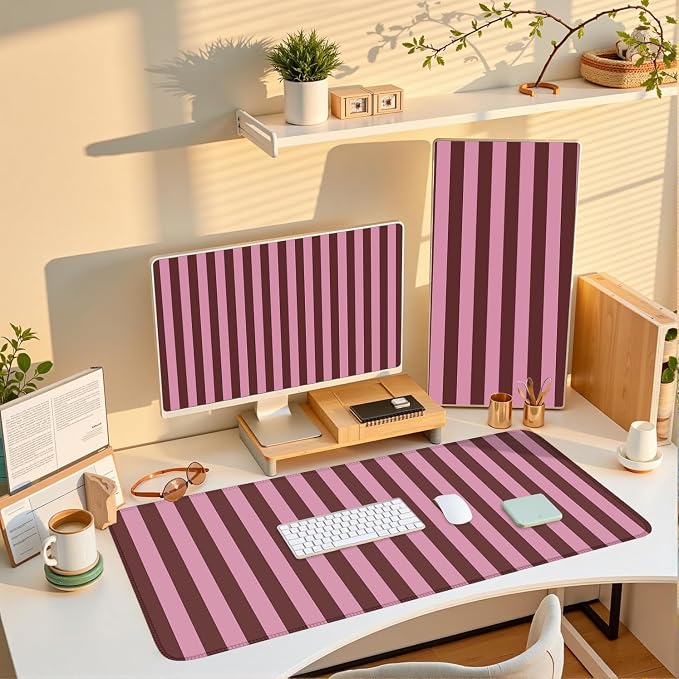 Pink and Burgundy Striped Desk Mat Cute Pastel XXL Large Gaming Mouse Pad Desk - Image 7