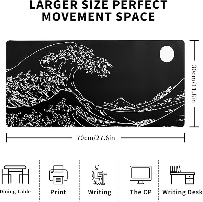 Japanese Sea Wave Gaming Mouse Pad 27.6x11.8 Inch Anime Black Large Mousepad - Image 2