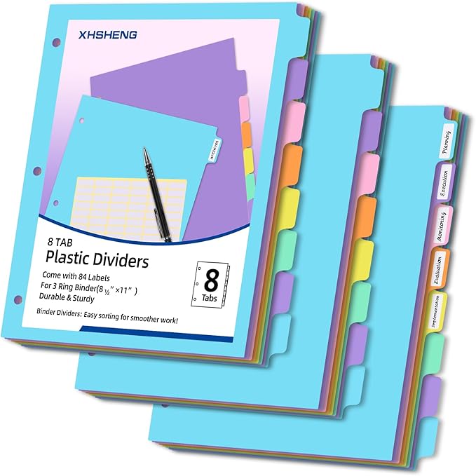 3 Ring Binder Dividers with TAB, 8 Tab 3 Hole Punch Dividers, Pastel Color by XHSHENGOFFICEPRODUCT