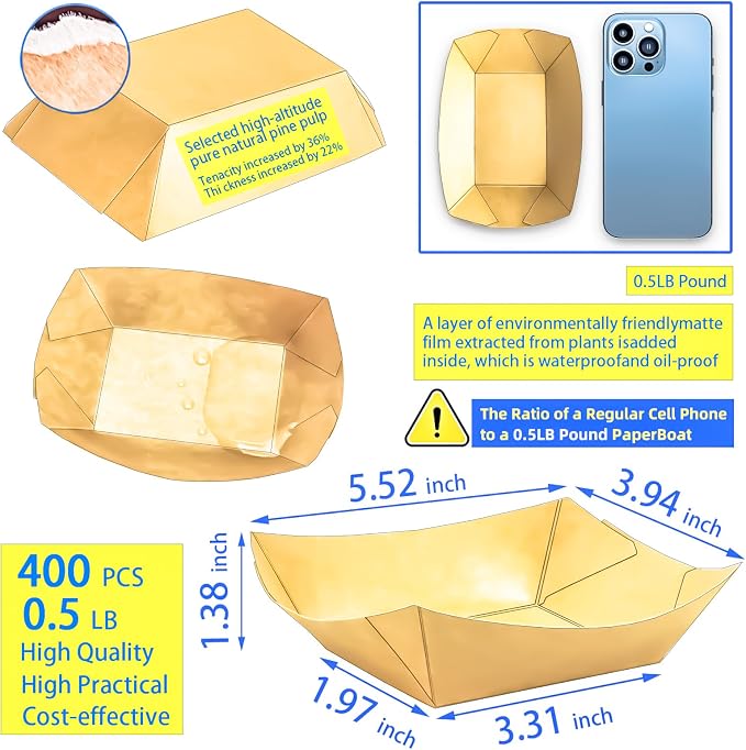 400Pack 1/2Lb Paper Food Boat Trays Disposable Small Paper Boats Plates - Image 2