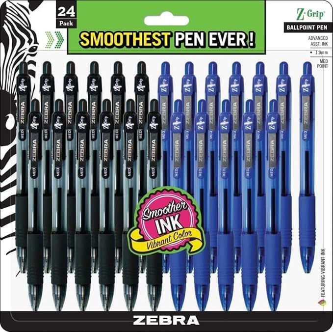 Zebra Pen Z-Grip Retractable Ballpoint Pen, Medium Point 1.0mm, 12 Black & 12 by ZebraPen