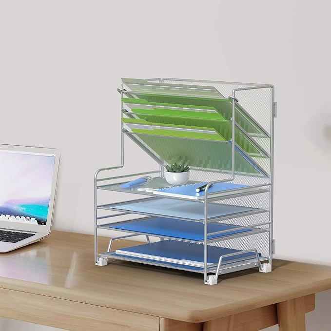 MINDEPOT 4-Tier Paper Organizer + 3-Pocket File Holder + Drawer + Pen Holders - Image 6