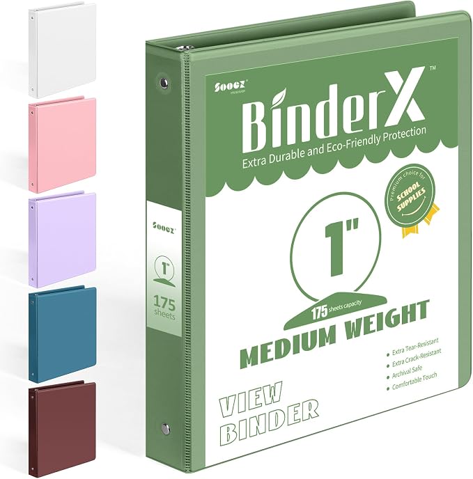 BinderX Extra Durable 3 Ring Binder, Round Rings 1 Inch Binder, Fits 175 Sheets by Sooez