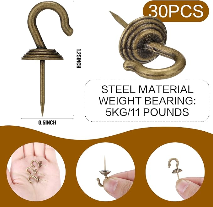 Hotop 60 Pieces Push Pin Wall Hooks Metal Thumb Tack Hangers Iron Alloy Nail - Image 2