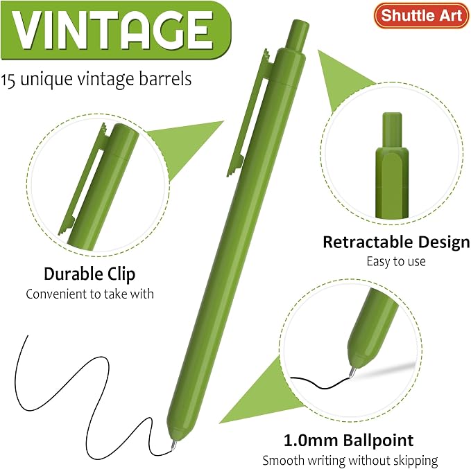 Shuttle Art Ballpoint Pens, 15 Pack Vintage Retractable Black Ink Ball Point - Image 2