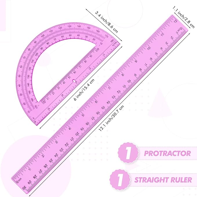 Zonon 2 Pcs 12 Inch Clear Ruler and 6 Inch Plastic Protractor Set, Dual Scale - Image 2