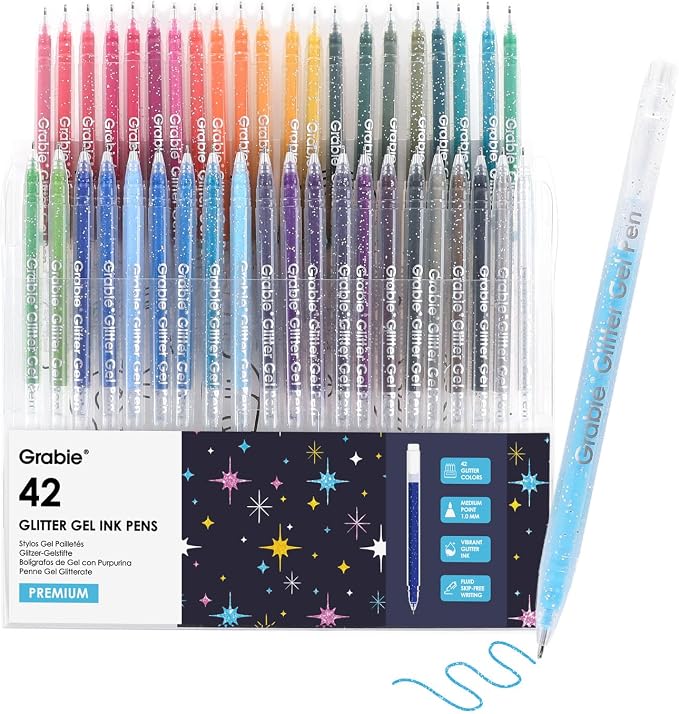 Grabie Set of 42 Glitter Gel Pens Set, 1.0mm Fine Tip Gel Pens by Grabie