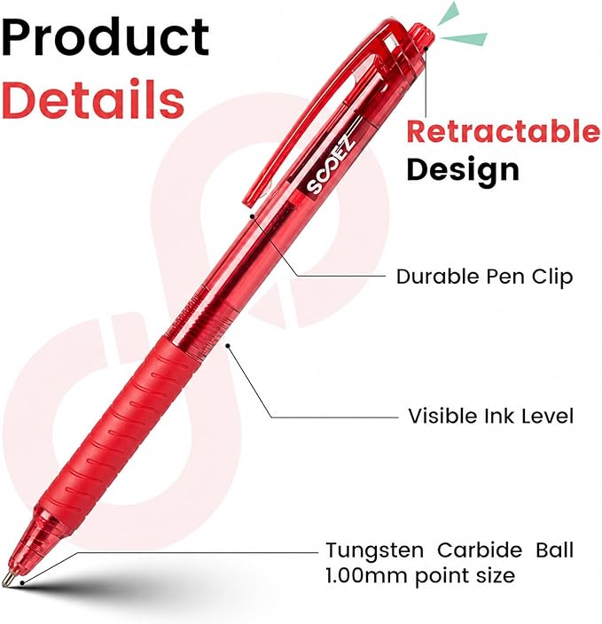 Sooez 40 Pack Bulk Pens Ballpoint, Retractable Red Ink Pens, Smooth Writing Pens - Image 4