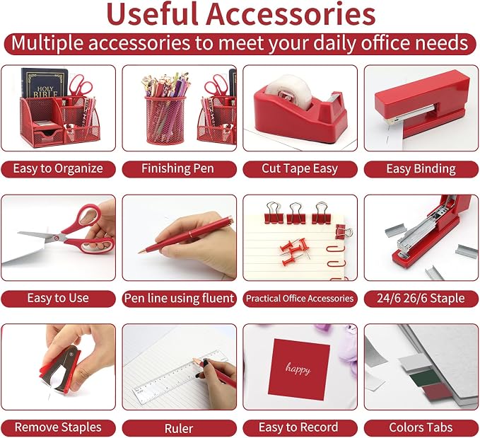 12 in 1 Red Desk Organizers and Accessories, Office Supplies Set Gifts - Image 3