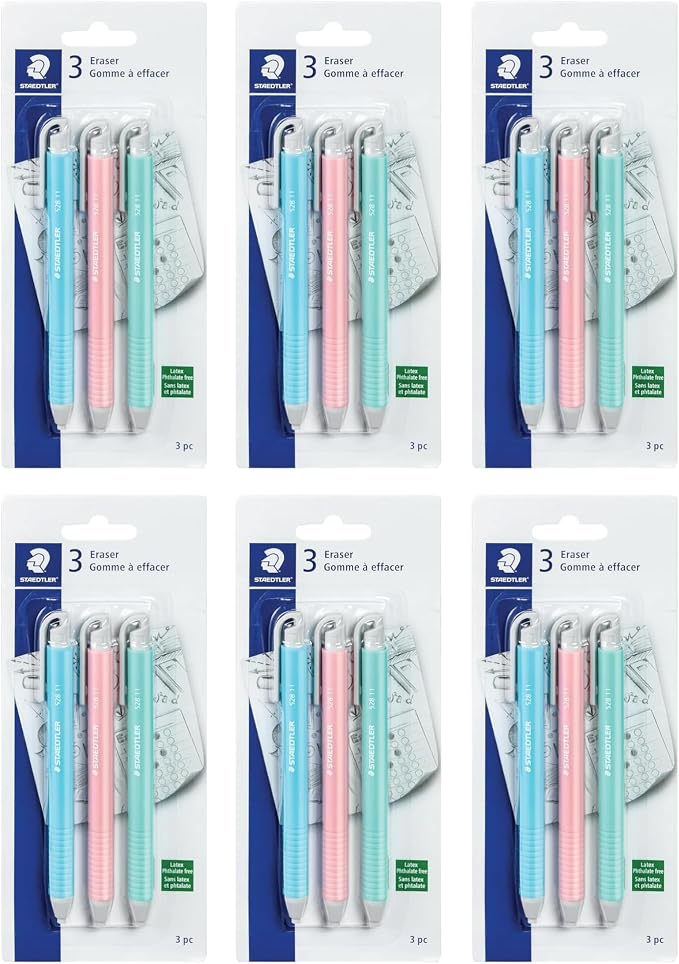 STAEDTLER Vinyl Eraser Holder 6-Pack: 3 Units Retractable Erasers by Staedtler