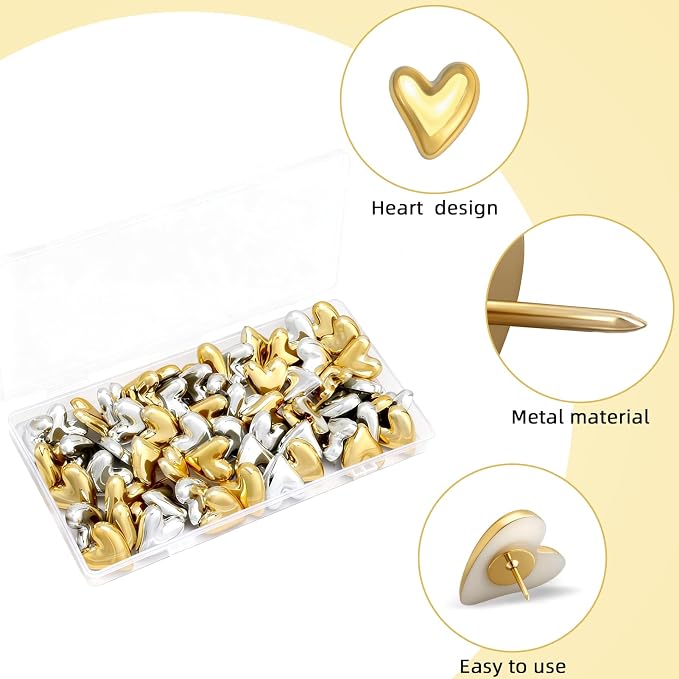 60Pcs Cute Decorative Push Pins Gold Silver Heart Thumb Tacks Pins - Image 6