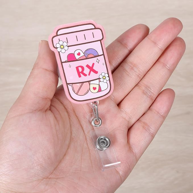 Pink RX Funny Nurse Badge Reel, Cute Medical Bottle Flower Retractable ID Card - Image 2
