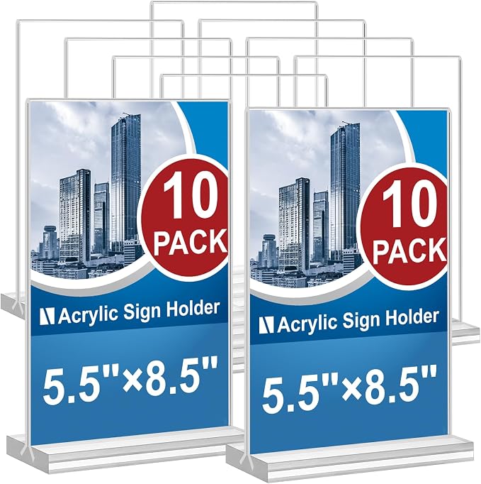 Acrylic Sign Holder 5.5 x 8.5, 10 Pack Double-Sided Stand up Table Top Clear by Arrobust