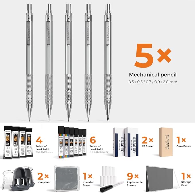 STAGEEK 21PCS Metal Mechanical Pencil Set, Art Lead Pencil 0.3, 2mm Holder - Image 7