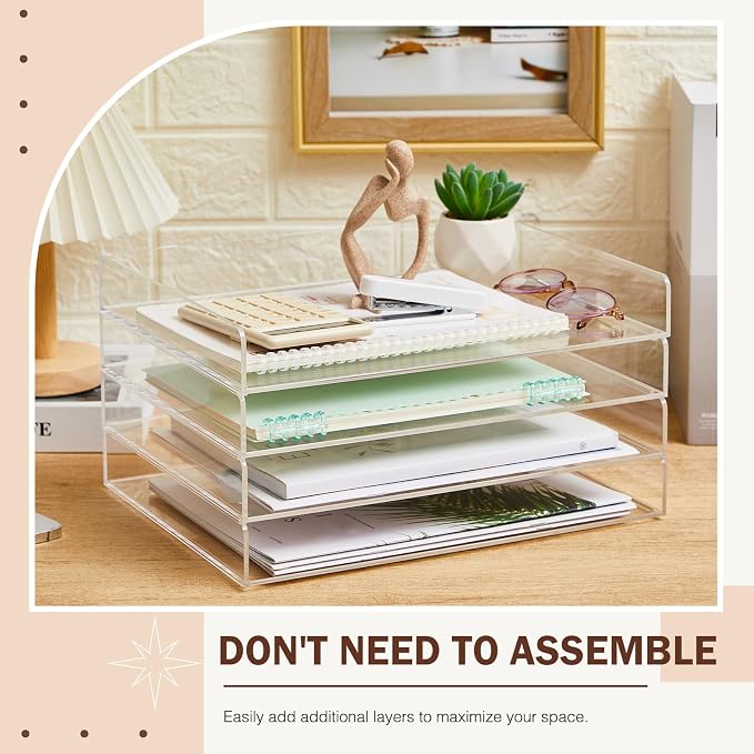 Harloon 4 Tier Acrylic Paper Tray Organizer, Heavy Duty Stackable Clear - Image 3