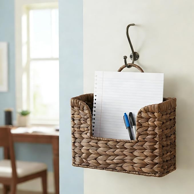PINXIURY Magazine Holder Wall Basket Water Hyacinth Woven Mail Organizer - Image 7