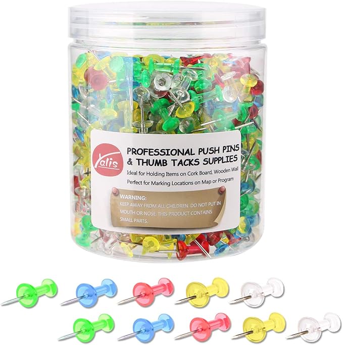 Push Pins 600 Count Clear Multicolored, Standard Thumb Tacks Steel Point and by Yalis