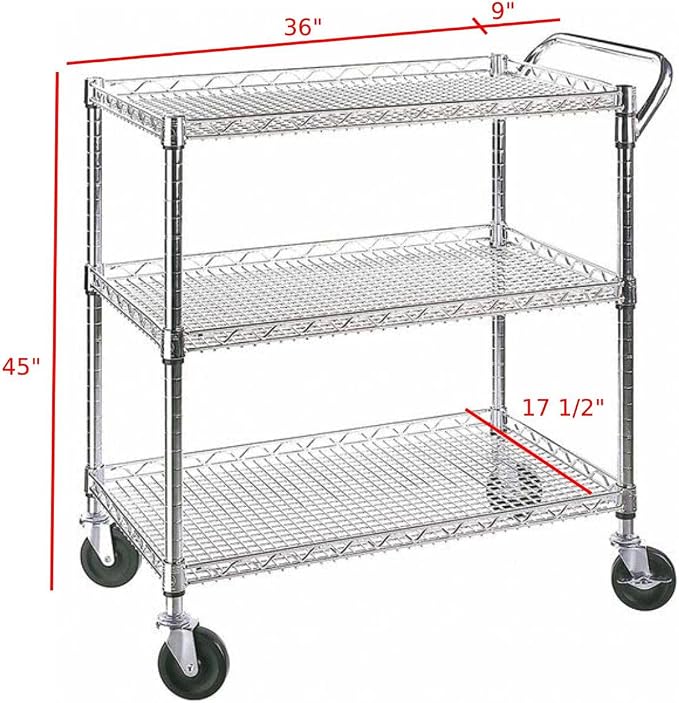 Heavy Duty 3 Tier Rolling Utility Kitchen Cart on Wheels, Large 45"L x 17 1/2"D - Image 2