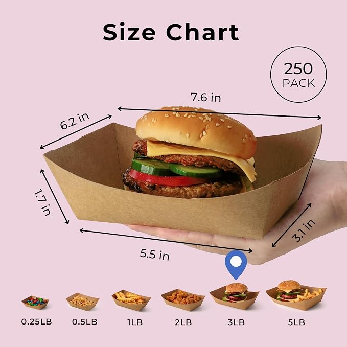 Fit Meal Prep [250 Pack 3 lb Paper Food Boats Heavy Duty Disposable Food Trays - Image 2