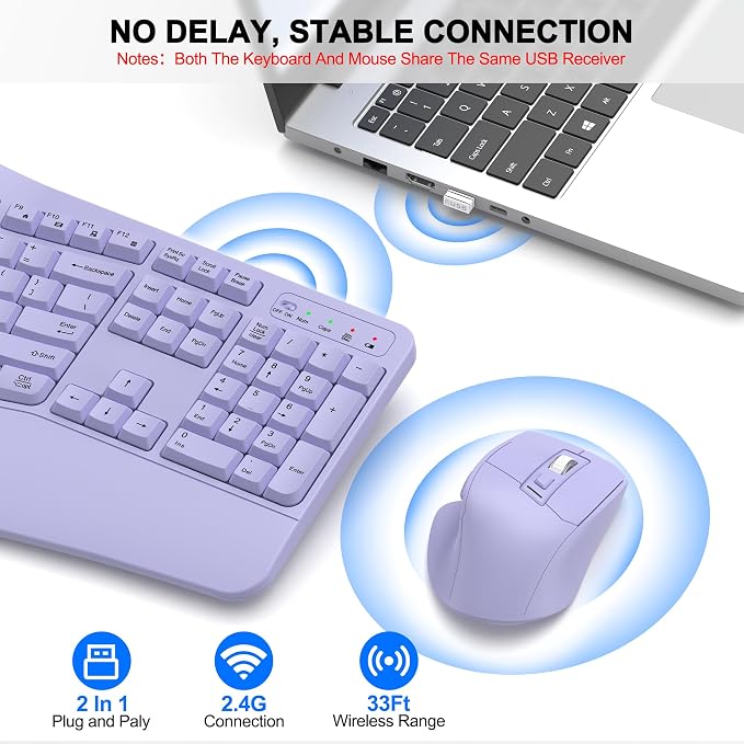 Wireless Keyboard and Mouse Combo, 2.4G Full Size Wave Keys Ergonomic Keyboard - Image 5
