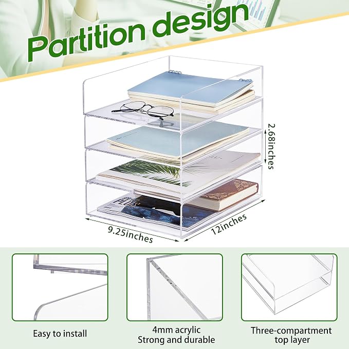 Harloon 4 Tier Paper Organizer Letter Tray Acrylic Desk File Organizer Heavy - Image 2