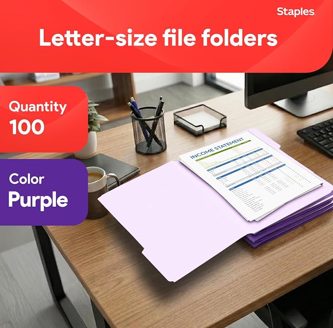 Staples File Folders, Letter Size, 1/3‑Cut Tabs, Durable 10.5‑Point Paper Stock - Image 2