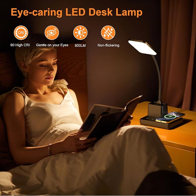 Desk Lamp, Table Lamp with Wireless Charger & USB Port, 800LM CRI95 3 Color - Image 2