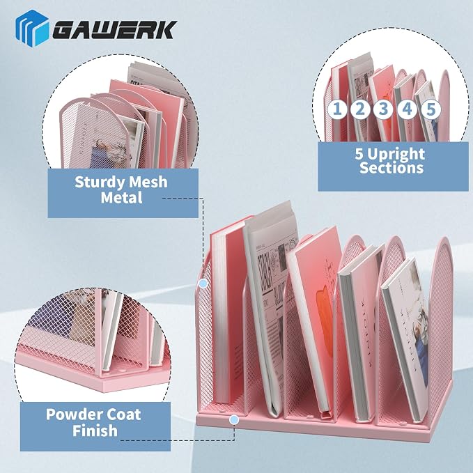 Gawerk 5-Section Vertical Desktop Organizer, 5-Section Mesh File Folder Stand - Image 3