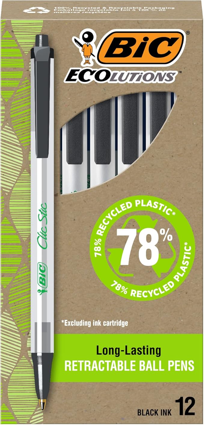 BIC Ecolutions Clic Stic Black Ballpoint Pens, Medium Point, 12-Count Pack by BIC