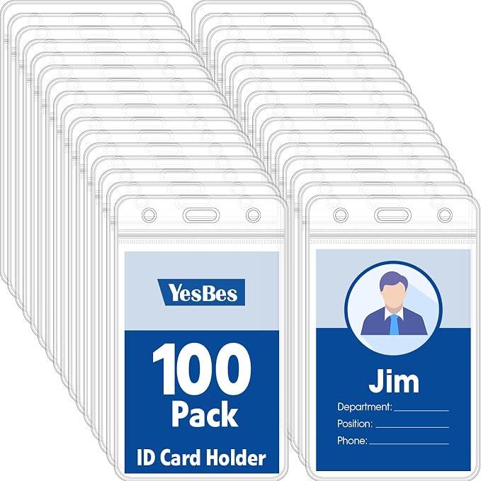 100 Pcs Vertical Badge Holders, Waterproof ID Badge Holder, Credit Cards by YesBes