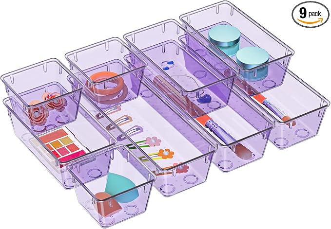 WOWBOX 9 Pack Clear Drawer Organizer Set, Acrylic Drawer Storage Trays by WOWBOX