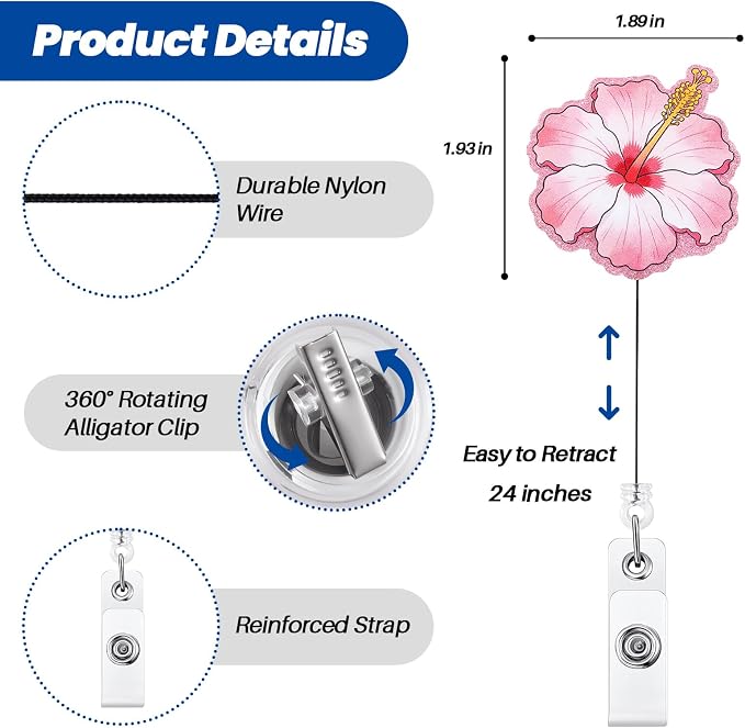 Pink Hibiscus Flower Funny Nurse Badge Reel, Cute Acrylic Floral Retractable ID - Image 2