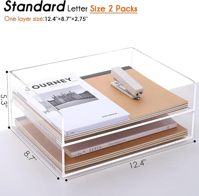 HeZone Paper Organizer, 2 Tier Stackable A4 Size Acrylic Letter Tray, - Image 3