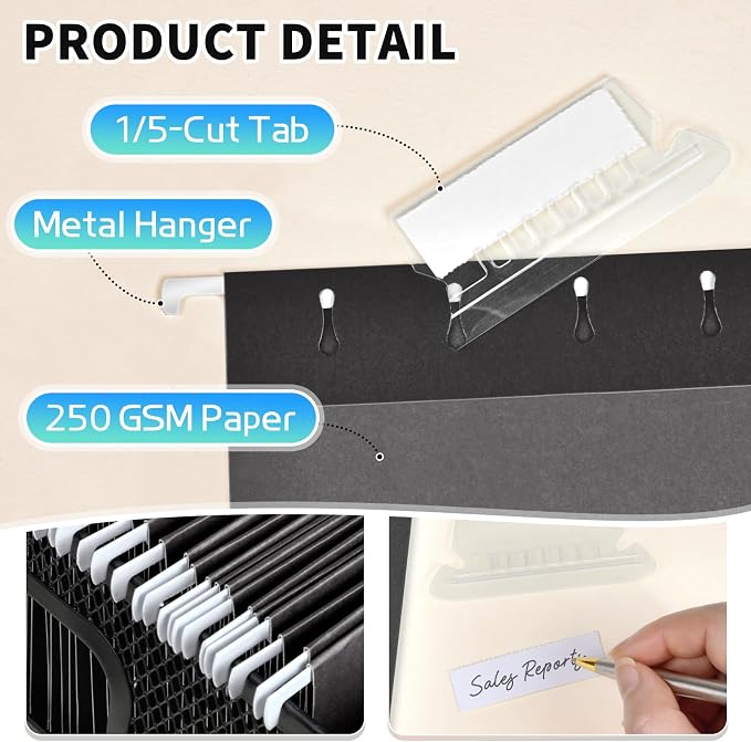 25-Pack Black Hanging File Folders, Letter Size, Includes 35 Transparent Label - Image 2
