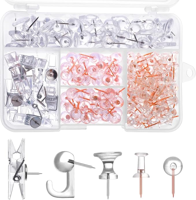 200 Pieces Push Pins Set, 5 Types Clear Thumb Tacks Push Pins by BESARME