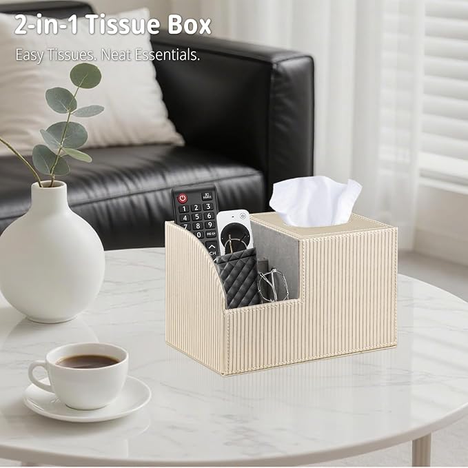 Square Tissue Box Cover with Storage, PU Leather Cube Tissue Box Holder - Image 3