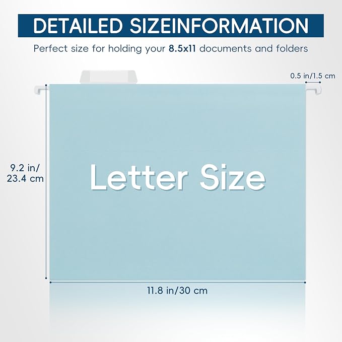 Light Blue Hanging File Folders, 25 Pack Letter Size File Folders - Image 3