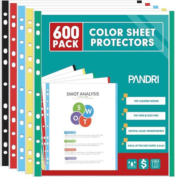 Sheet Protectors, PANDRI 600 Pack Color Heavy Duty Plastic Page Protectors by PANDRI