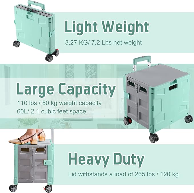 FELICON Folding Utility Cart Rolling Crate Handcart Basket Tote-Green+Gray | - Image 6