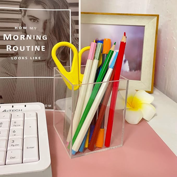 Mototo 8 Pieces Clear Acrylic Pen Holder Acrylic Pencil Cup Clear Makeup Bush - Image 7